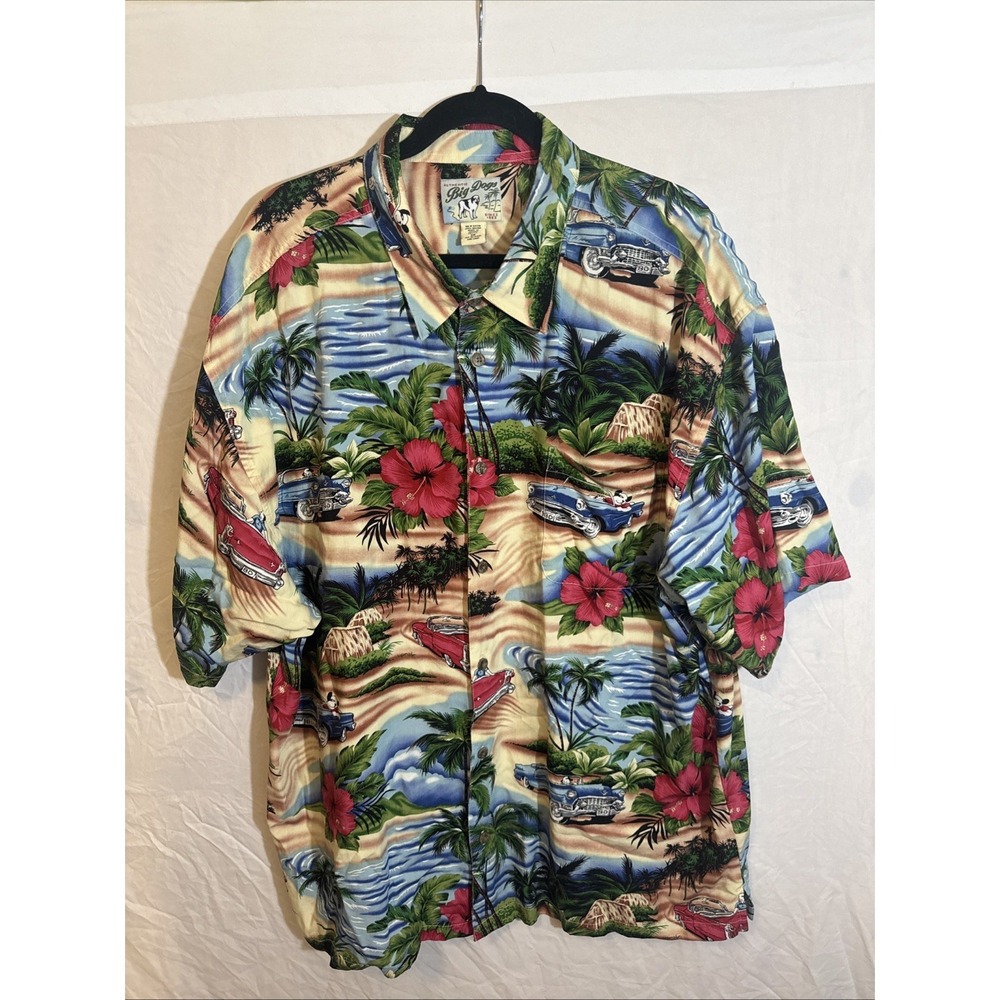 Vintage Big Dogs Hawaiian Shirt 3XL Multicolor Blue Mens Camp Rayon Short Sleeve